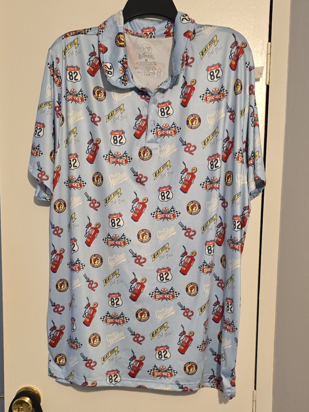 Buc-ee's Men's XL Light Blue Graphic Print Polo Shirt 90% Polyester 10% Spandex